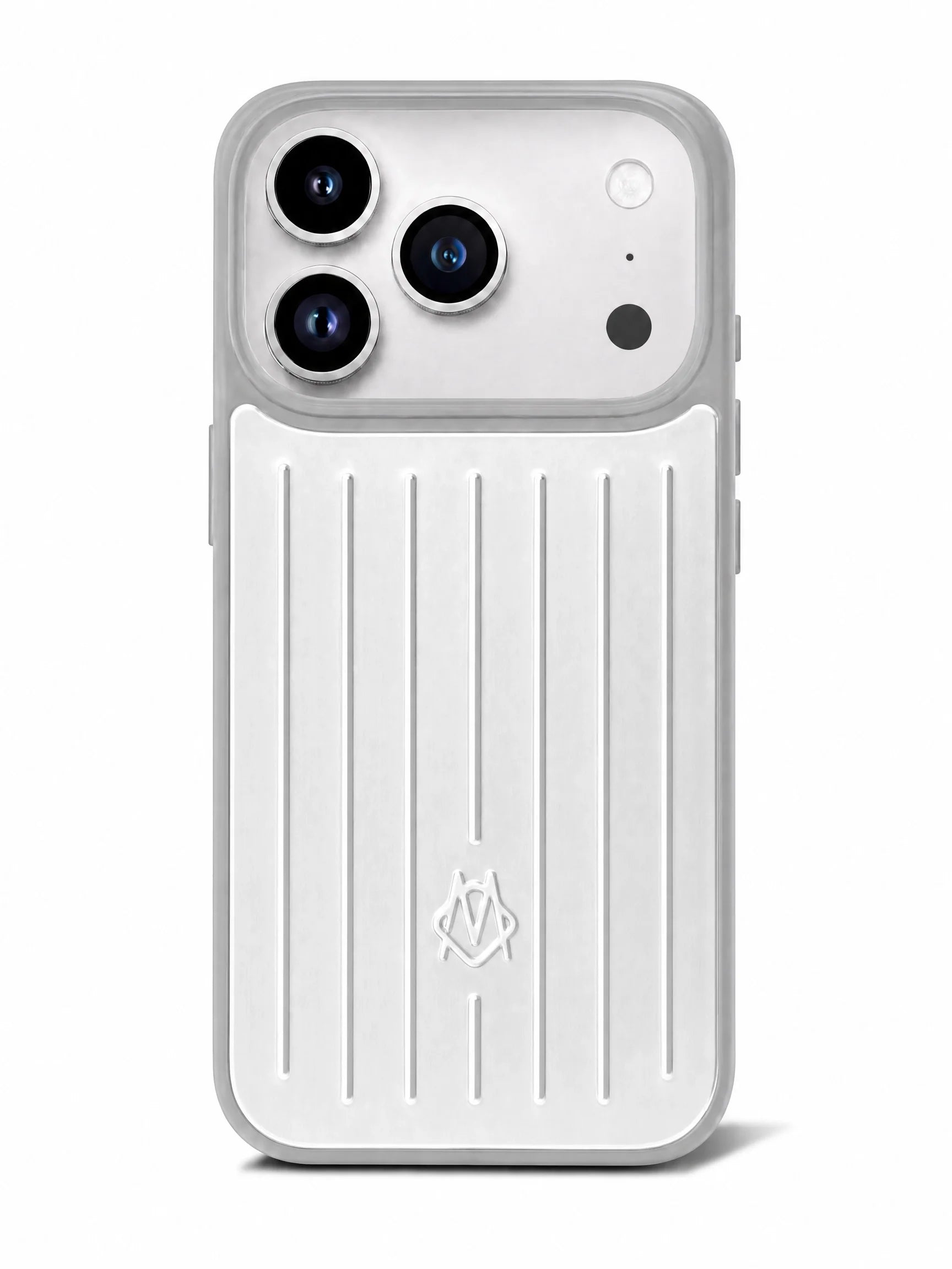 Rimowa Aluminium Case für iPhone 17 Pro in Silber – Frontansicht mit Rillendesign