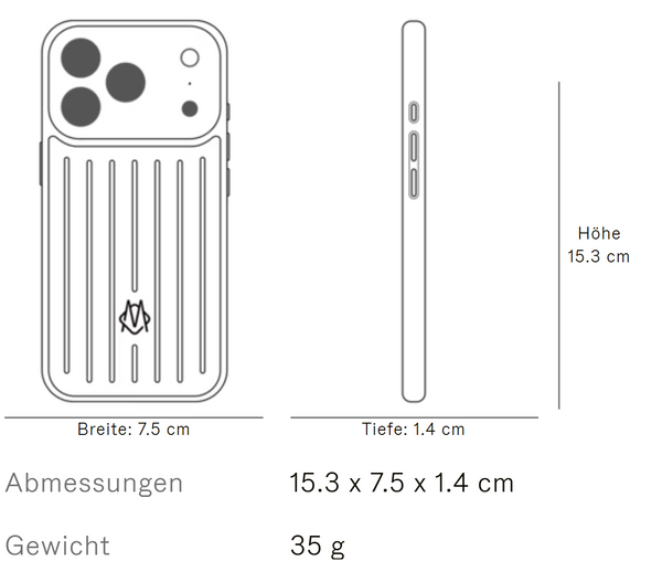 Maßzeichnung RIMOWA Polycarbonathülle für iPhone 17 Pro