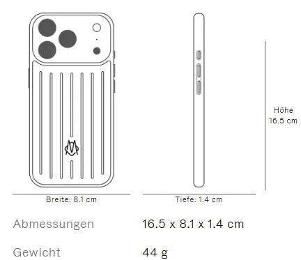 Maßzeichnung RIMOWA Polycarbonathülle für iPhone 17 Pro Max