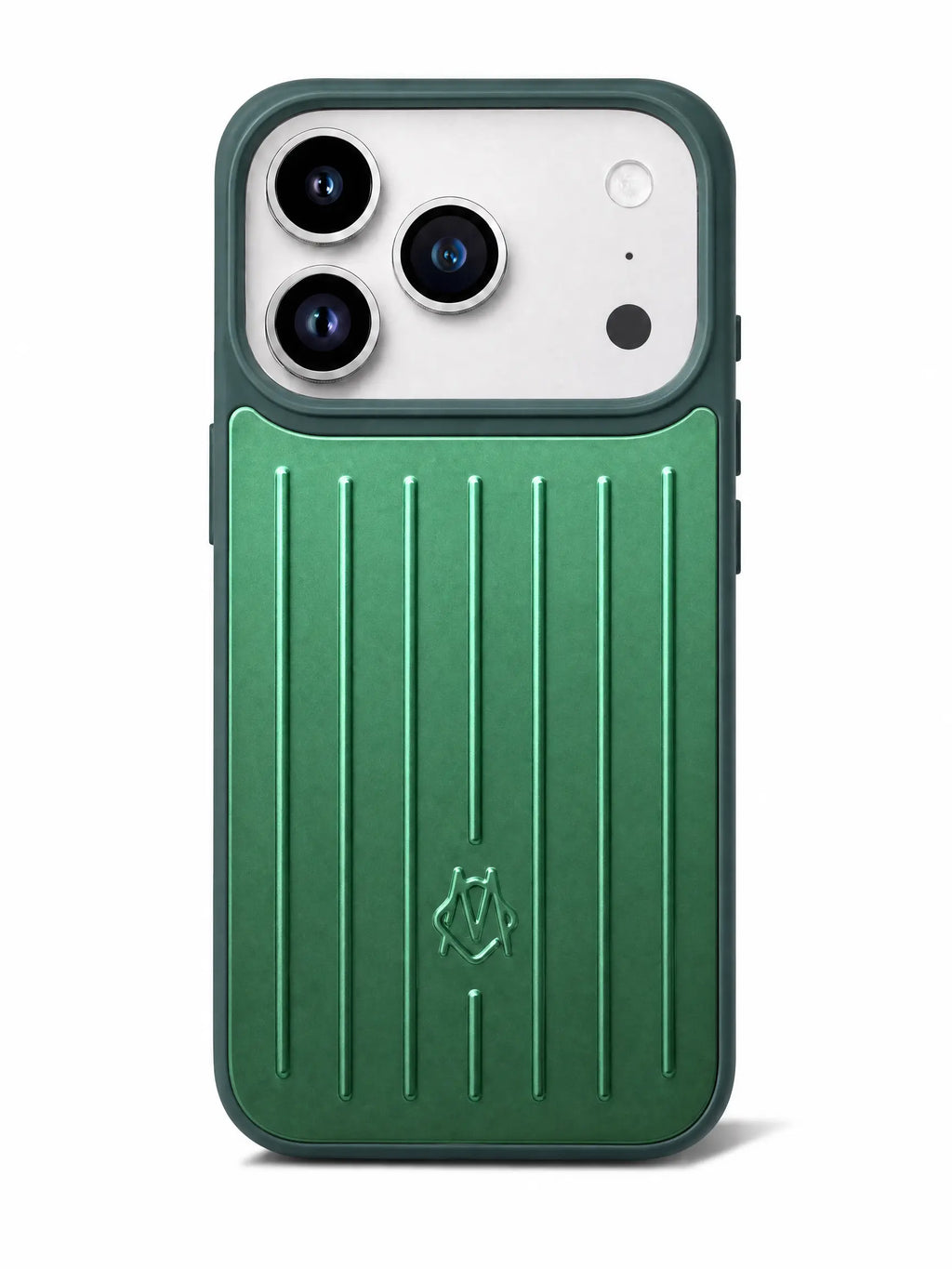 Rimowa Aluminium Case für iPhone 17 Pro in Grün Aluminium metallic – Frontansicht mit Rillendesign