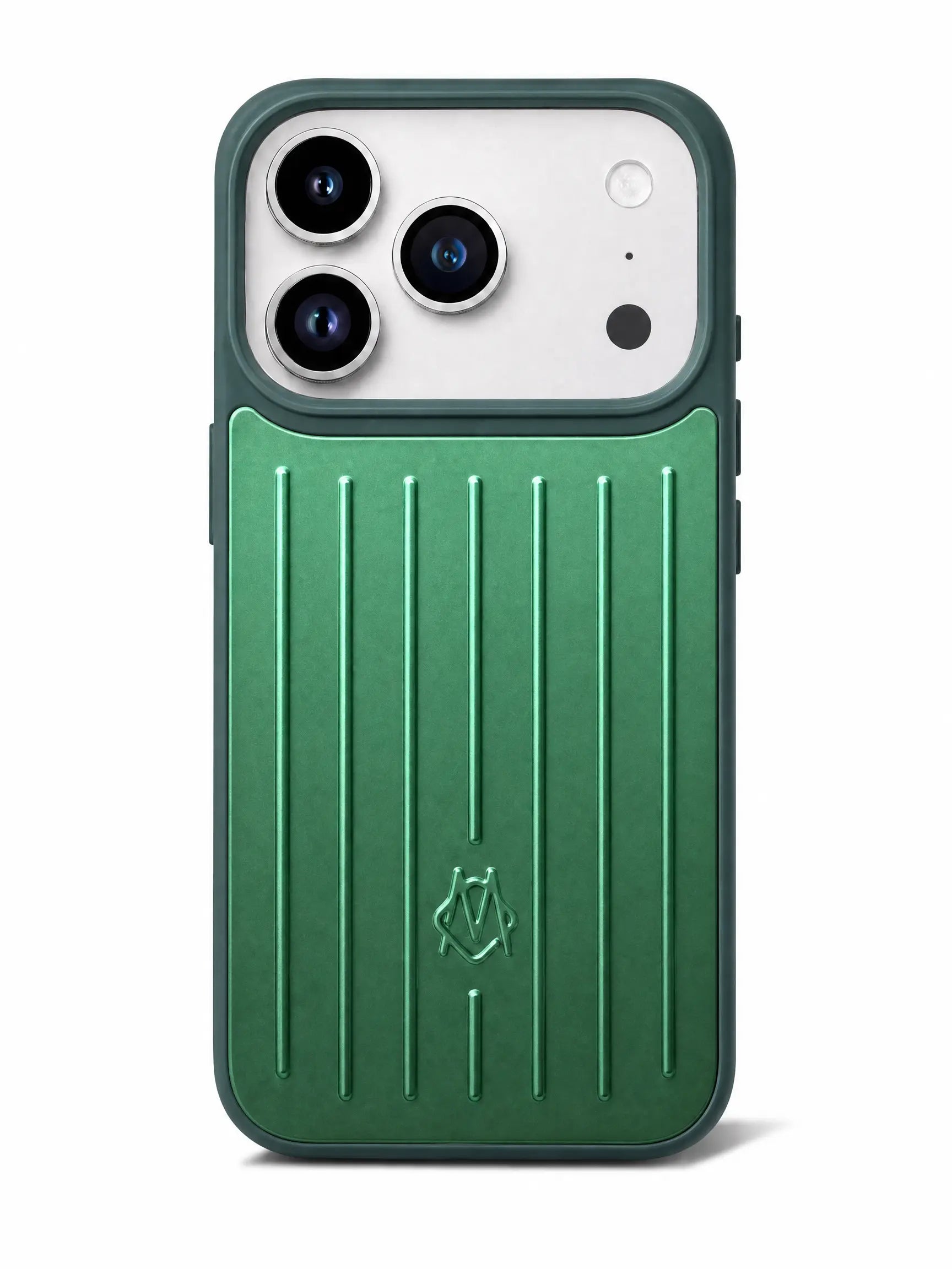 Rimowa Aluminium Case für iPhone 17 Pro in Grün Aluminium metallic – Frontansicht mit Rillendesign