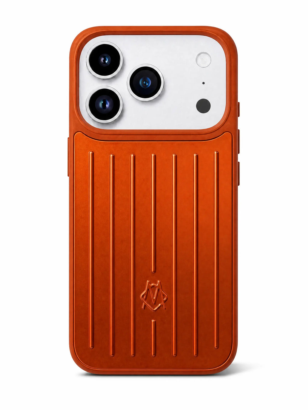 Rimowa Aluminium Case für iPhone 17 Pro in Orange – Frontansicht mit Rillendesign