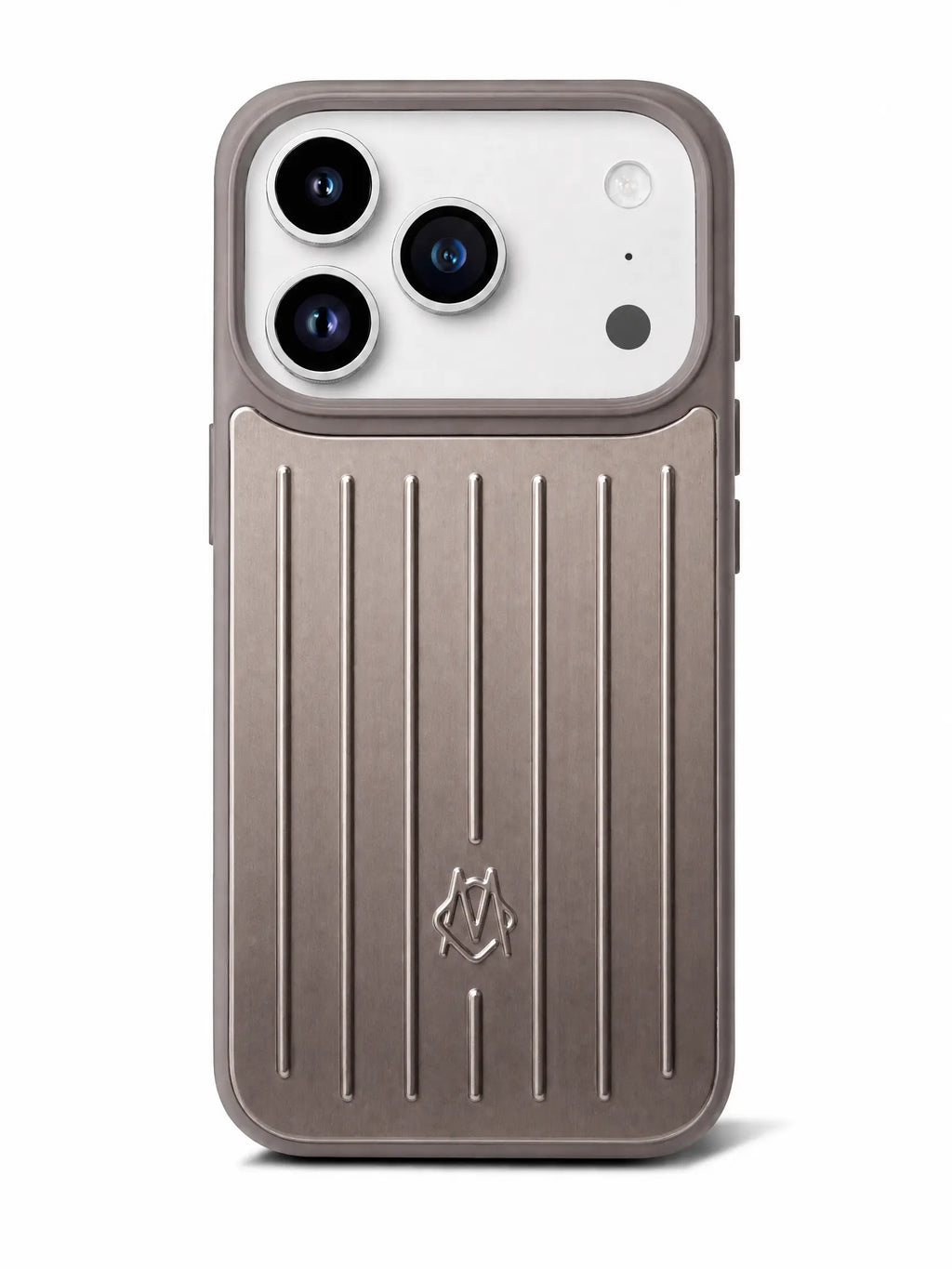 Rimowa Aluminium Case für iPhone 17 Pro in Slay Grey  – Frontansicht mit Rillendesign in aluminium